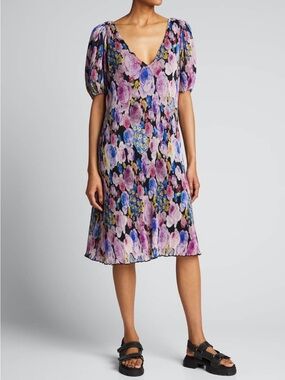 Ganni Black Floral Midi Dress with Pink and Blue Roses